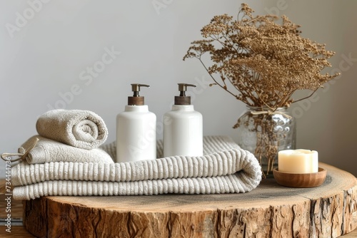 A serene still life captures the cozy comforts of home, as a vase and candle rest upon a table adorned with towels and soap, nestled against an indoor wall and rustic tree stump