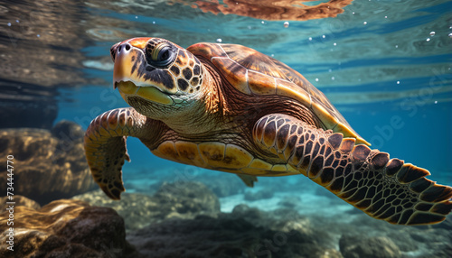A slow turtle swims in the blue underwater paradise generated by AI