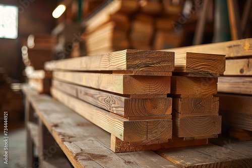 A towering stack of lumber planks sits inside a bustling factory, their wooden surfaces gleaming in the indoor light as they await their purpose on the ground below photo