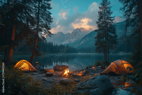 A weekend camping trip with friends, surrounded by nature and starry skies, embodying the adventure and camaraderie of outdoor excursions. Concept of camping companionship. Generative Ai.