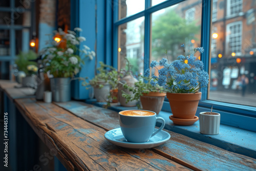 A cozy corner in a local coffee shop, featuring aromatic coffee and a welcoming ambiance for those seeking a quiet moment of reflection. Concept of coffee shop coziness. Generative Ai.