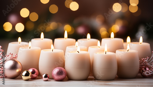 Glowing candle illuminates dark night, celebrating Christmas with warmth generated by AI