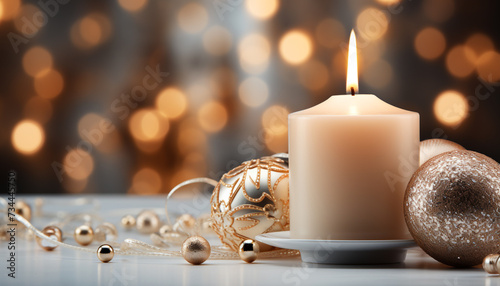 Glowing candle illuminates winter celebration, decorating table with elegance generated by AI