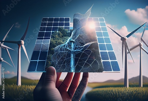 Blue Solar Cell Pattern Panel with Wind Turbine Windmill Balancing in Person Character Hands. 3d Rendering. Generative AI