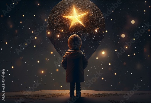 Illustration of child in front of New Year's Eve, large, decorated with shiny bright big star on top illuminating the dark background. Night landscape under the stars. Generative AI