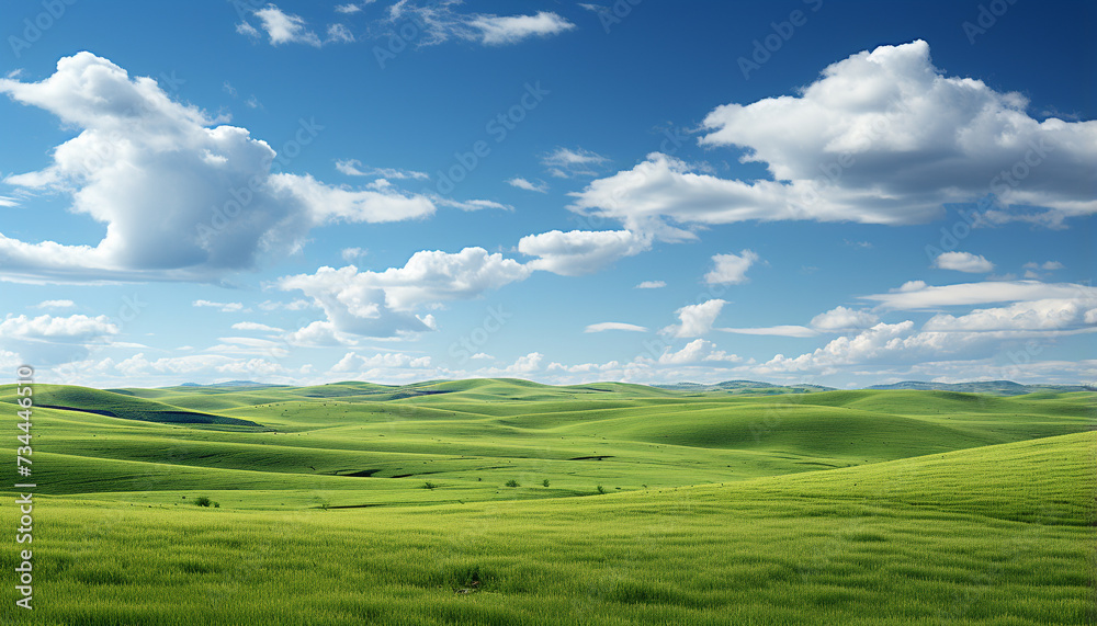 Vibrant meadow, rolling hills, blue sky, tranquil sunset, nature beauty generated by AI