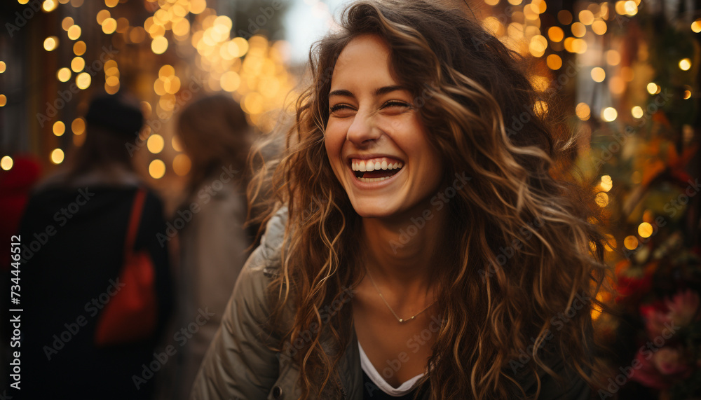 Fototapeta premium Young adults enjoying a carefree night, smiling under Christmas lights generated by AI