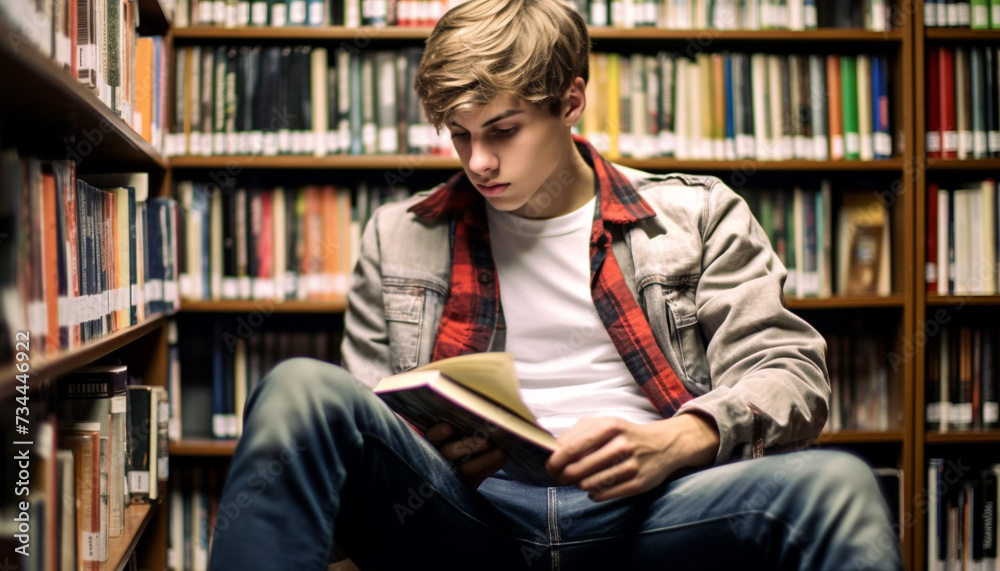 A student studying in a library, surrounded by books generated by AI A student studying in a library, surrounded by books generated by AI