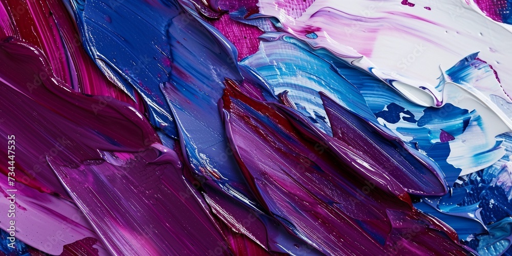 Close-up abstract painting combines magenta and blue in an impasto style