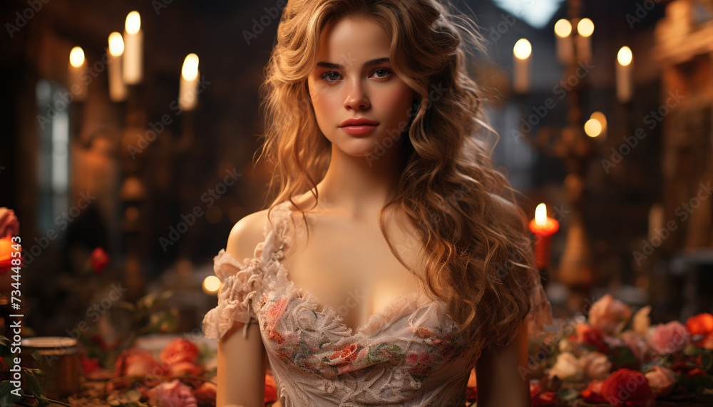 Beautiful woman in elegant dress holds candle, radiating sensuality generated by AI