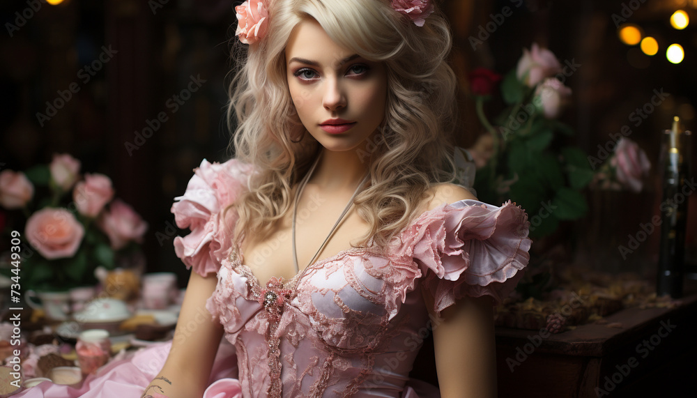 Fototapeta premium Beautiful blond bride smiling, looking at camera, surrounded by nature generated by AI