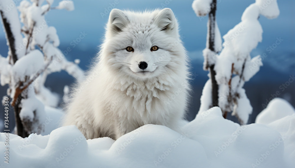 Cute puppy sitting in snow, looking at camera, winter wonderland generated by AI