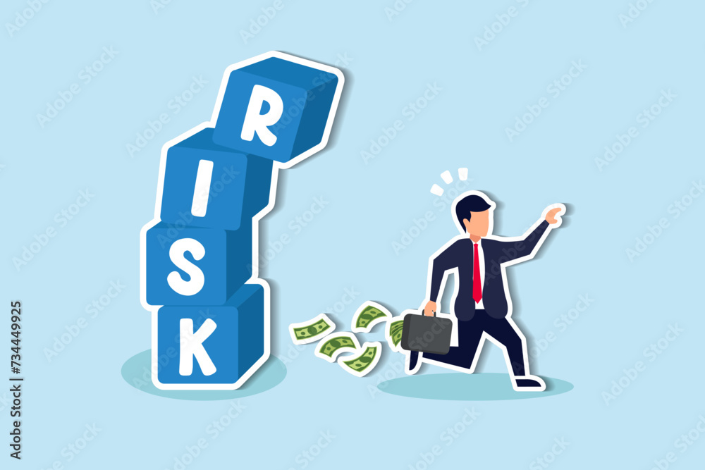 Avoid risk, minimize uncertainty, prioritize safety in investment decisions seek security and stability concept, businessman investor run away from risk collapsing box.