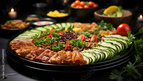 Freshness on plate grilled meat, salad, tomato, vegetable, healthy eating generated by AI