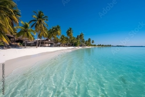 A paradise-like scene of a beach adorned with palm trees, bungalows, and crystal-clear turquoise waters. Generative AI