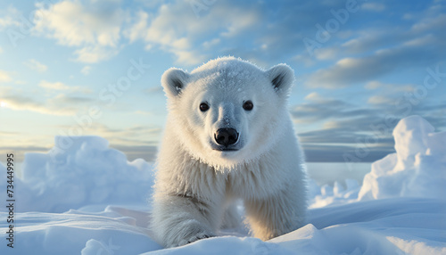 A cute fluffy arctic mammal looking at camera in snow generated by AI