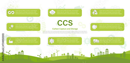 CCS acronym for Carbon Capture Storage words. .The concept Carbon capture Save energy, green energy, reduce carbon footprint, neutral carbon and net zero action. CCS icon on green  background.