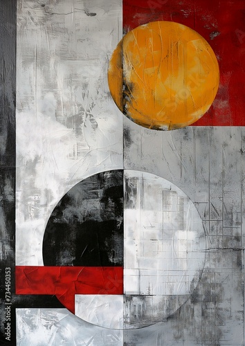 yellow sun constructivist silver red white details cobb oil covered solar system large shapes fragments hanging scroll creating thin monolith dichotomy rounded