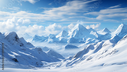 Majestic mountain peak, blue sky, frozen landscape, tranquil beauty generated by AI
