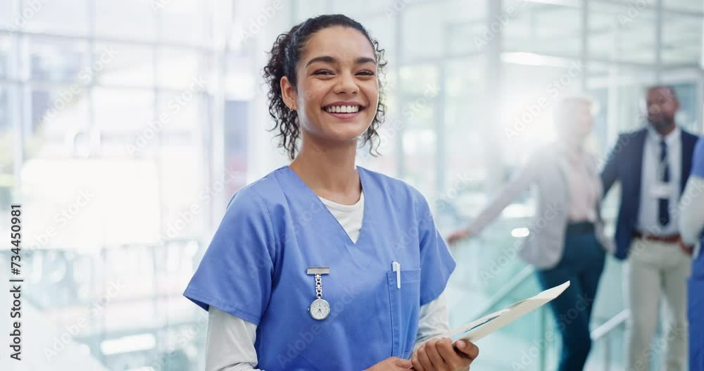 Happy, nurse and medical paperwork in hospital with results or report for insurance. Healthcare, planning and portrait of woman in clinic with documents, folder for doctor or nursing administration