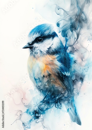 Watercolor style rendition of Blue Tit bird.