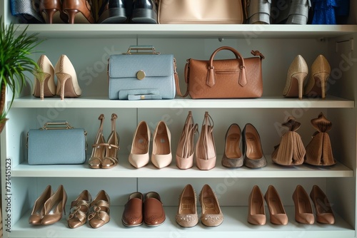 A stylish display of indoor fashion, featuring a collection of sandals and handbags adorning a shelf with various shoes, showcasing the perfect fashion accessories for any outfit
