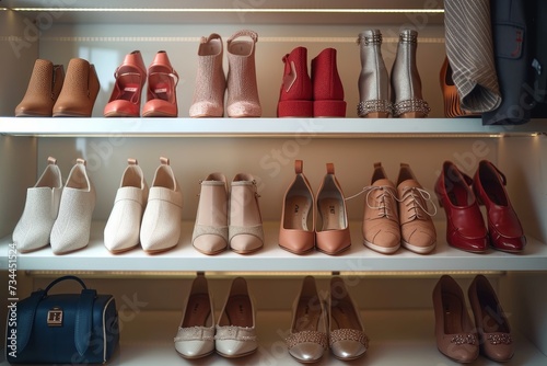 A stylish indoor shoe store displays a collection of various footwear on a sleek shelf, inviting fashion-forward shoppers to organize their shoe obsession photo