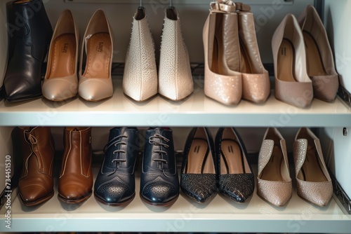 A chic shoe store shelf displays a diverse array of indoor footwear, from elegant dress shoes to stylish high heels, organized neatly for effortless shopping