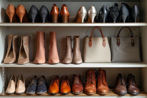 A curated collection of stylish boots and shoes adorns an indoor shelf, showcasing the latest footwear trends and offering organized storage in a chic shoe store setting photo