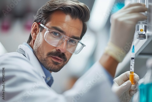 A professional scientist examines the intricate laboratory equipment with a thoughtful expression  his white coat and glasses adding an air of expertise to the medical setting