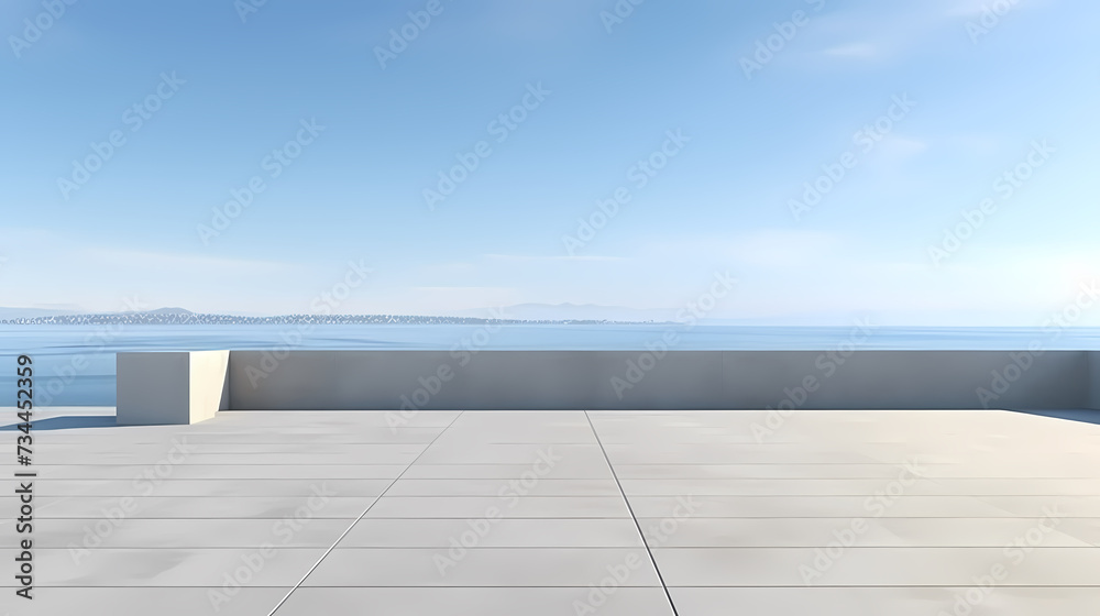 Empty concrete floor, 3D rendering sea view square with clear sky background Empty concrete floor, 3D rendering sea view square with clear sky background