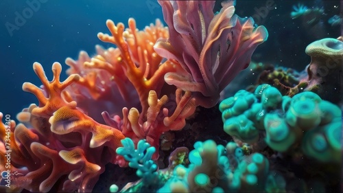 close up of coral reaff under water background with green and orange 