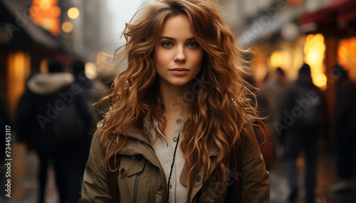 Young woman with long brown hair looking at camera outdoors generated by AI