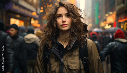 Young woman walking in the city, looking confident and elegant generated by AI