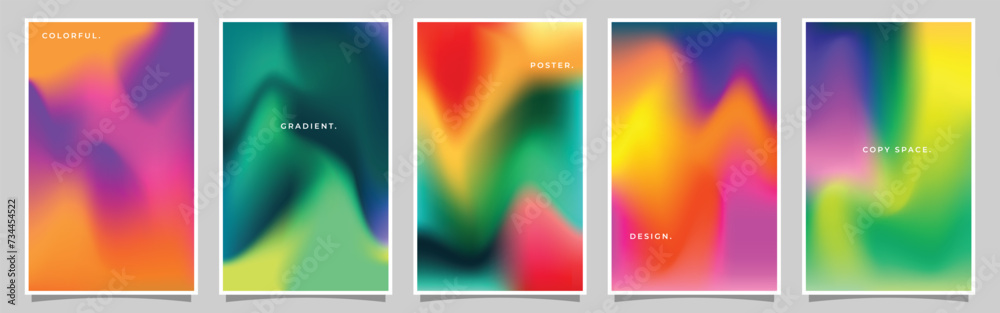 Abstract colorful gradient mesh background template set. Blurred fluid color gradation backdrop. Modern vibrant light flow design for poster, banner, catalog, presentation, cover, flyer, or leaflet.