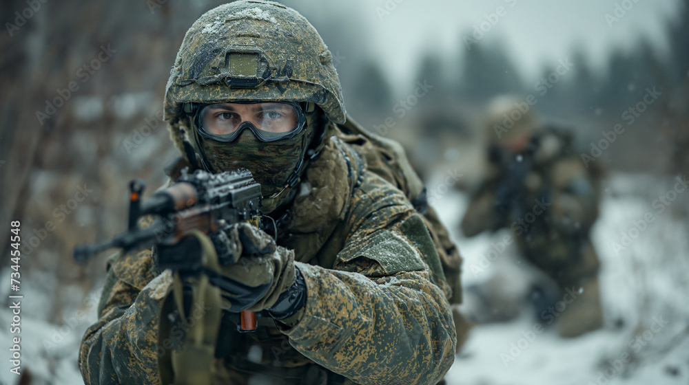 Russian soldier on frozen battlefield