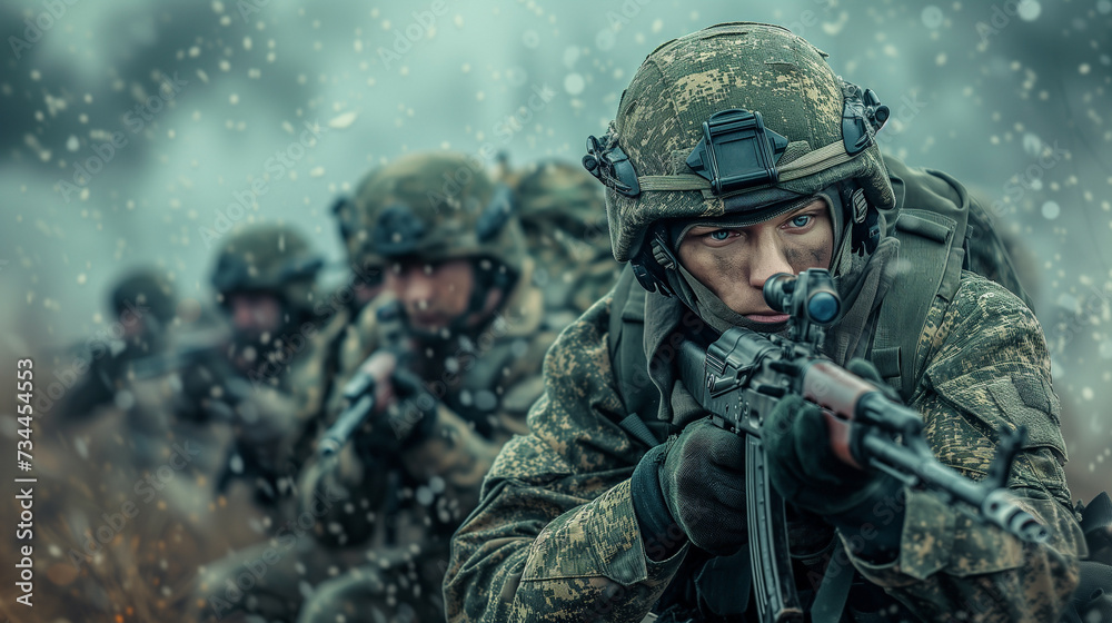 squad of Russian soldiers on battlefield squad of Russian soldiers on battlefield