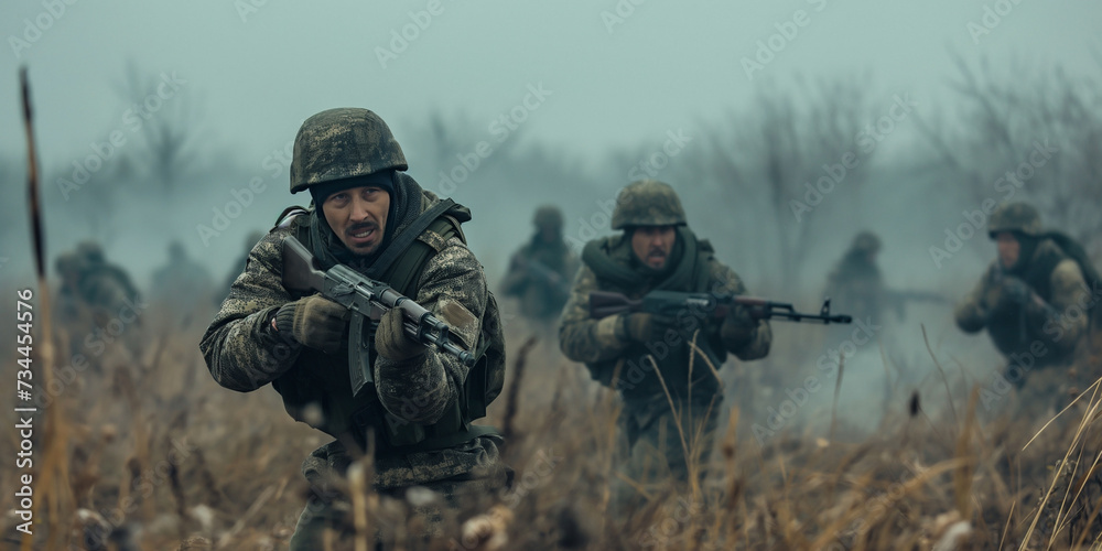squad of Russians soldier on battlefield squad of Russians soldier on battlefield