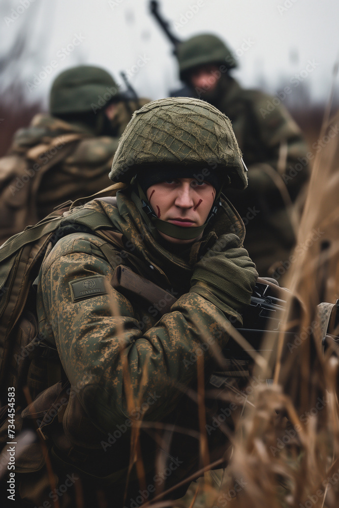 portrait of Russian soldiers on battlefield