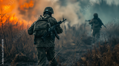 Russian soldiers on burning battlefield