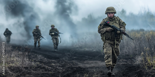 Russian soldiers walking on smoking battlefield photo
