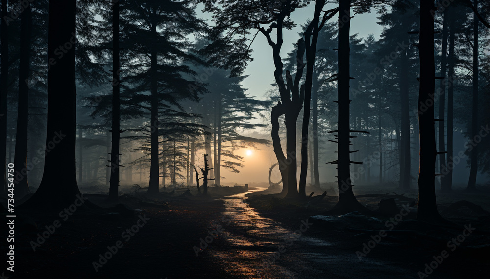 Obraz premium Mysterious forest silhouette, dark and spooky, with fog and moonlight generated by AI