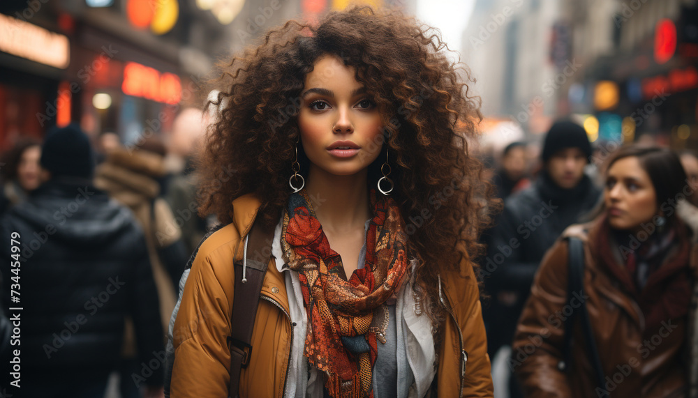 A confident young woman walking in the city, smiling at camera generated by AI