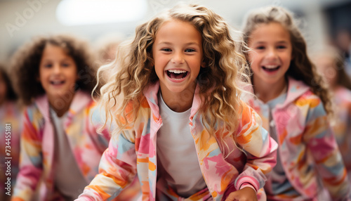 Group of cheerful children playing and smiling in school classroom generated by AI