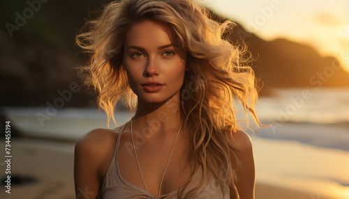 Young woman enjoying the sunset on a summer beach generated by AI © Gstudio
