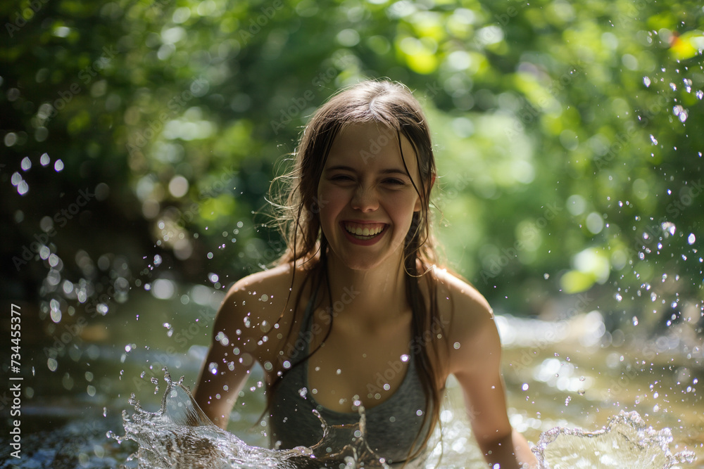 Obraz premium a young woman playfully splashes in a secluded stream, her laughter echoing through the tranquil surroundings. With each splash, droplets catch the dappled sunlight filtering through the trees,