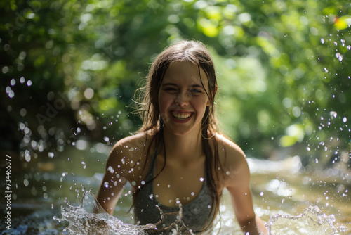 a young woman playfully splashes in a secluded stream, her laughter echoing through the tranquil surroundings. With each splash, droplets catch the dappled sunlight filtering through the trees,