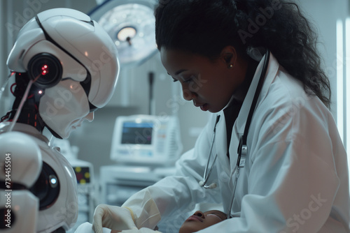 A Black female doctor and a humanoid AI surgeon with advanced robotic arms  carefully operating on a young patient s heart.
