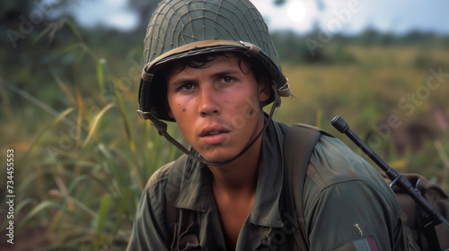 portrait of Allied soldier on battlefield in Vietnam war - historical combat photography