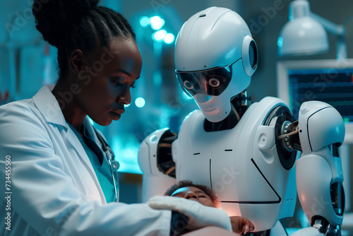A Black female doctor and a humanoid AI surgeon with advanced robotic arms, carefully operating on a young patient's heart. photo